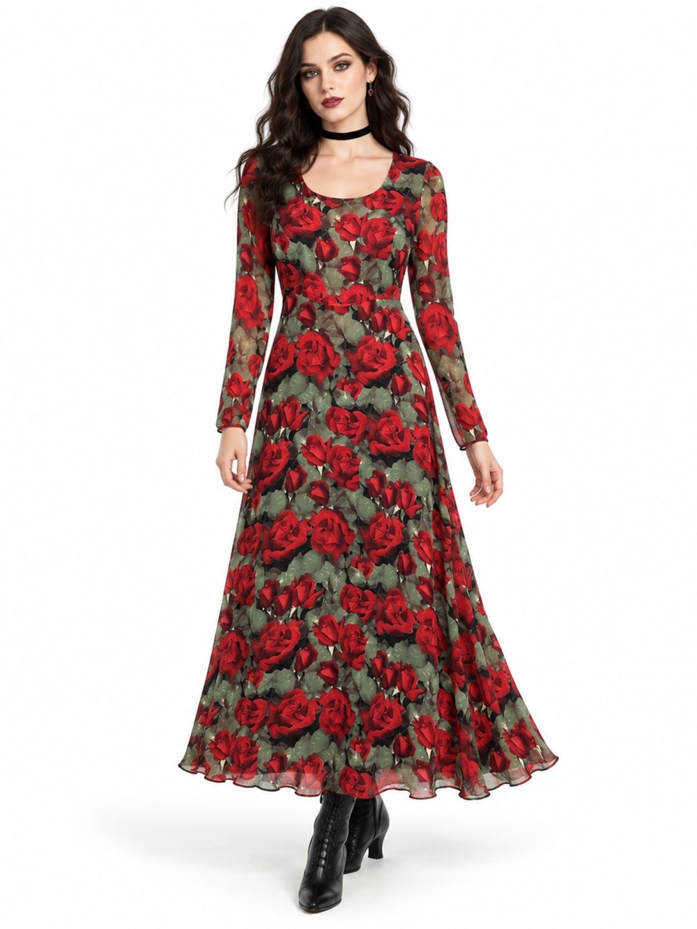 Vintage 90s Susie Tompkins Red Rose Floral Rayon Maxi Dress 8 Gothic Glamour